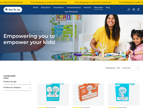 A desktop screenshot of the Open the Joy collection catalog page