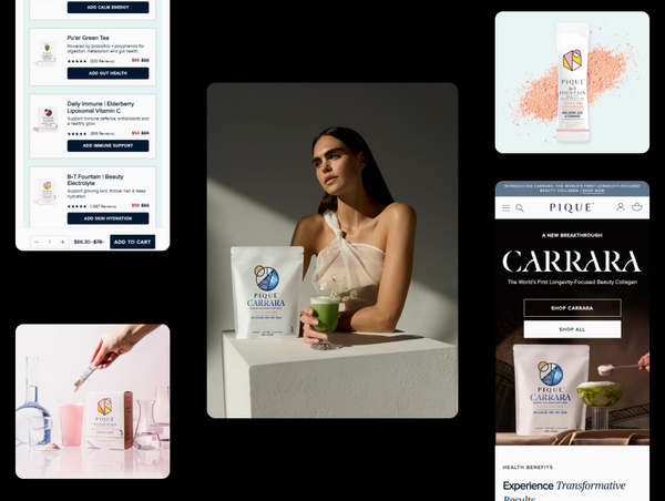 A creative collage set against a dark backdrop, showcasing mobile user interface screens for Pique alongside artistic lifestyle imagery