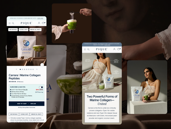 A creative collage featuring mobile user interface screens for Pique's Carrara Marine Collagen Peptides, displaying a product purchase page
