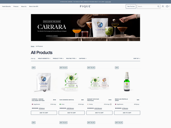 A desktop view screenshot of the Pique "All Products" collection page, featuring a wide header banner