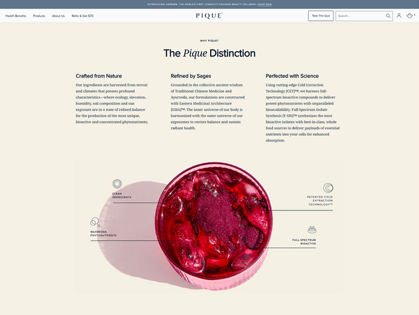 A desktop view screenshot of "The Pique Distinction" section on the website, detailing the brand's philosophy across three pillars