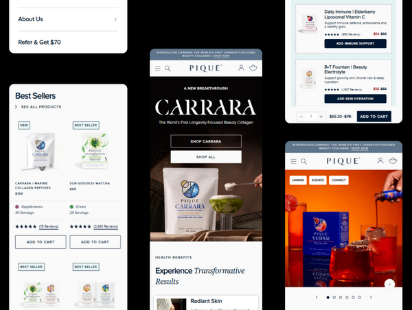 Collage of various product pages and interfaces with branding elements.