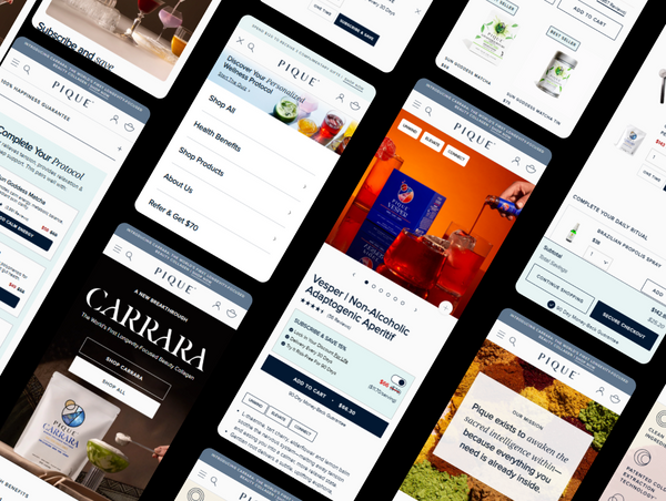 A dynamic, isometric grid collage showcasing multiple mobile user interface screens from the Pique online store