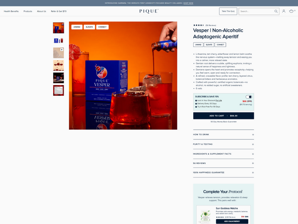 Pique Vesper non-alcoholic apertif product page on a website by Ambiw
