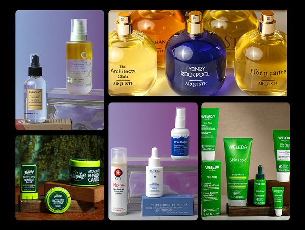A clean grid collage showcasing a variety of premium natural skincare, artisanal fragrances, and wellness products