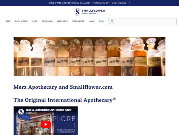 A desktop view screenshot of the Smallflower website about page, featuring a prominent banner image of antique glass apothecary jars and an embedded YouTube video player.