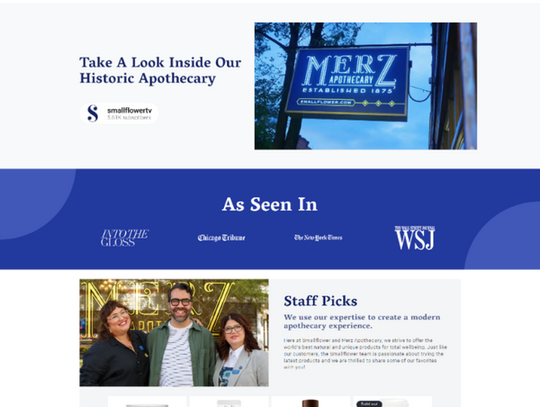 Website layout with Merz Apothecary sign, staff photos, and media outlets logos.
