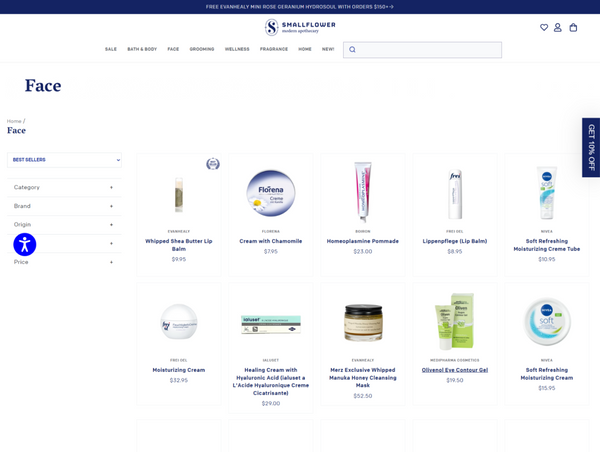 A desktop view screenshot of the Smallflower Modern Apothecary "Face" collection page