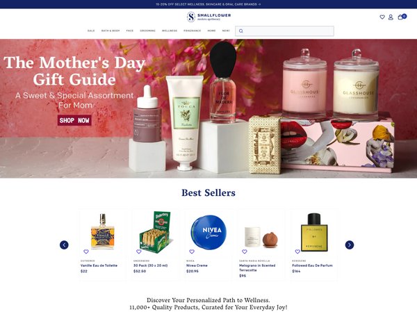 Smallflower website with Mother's Day gift guide banner and product display