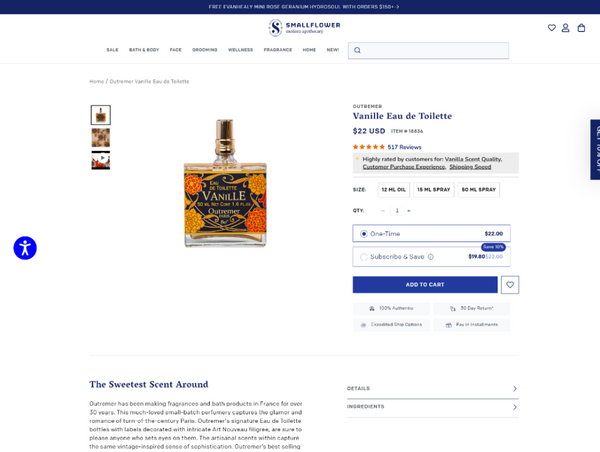 A desktop view screenshot of the Smallflower Modern Apothecary product page for "Vanille Eau de Toilette" by Outremer