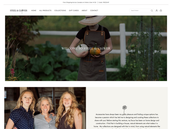Steel & Clover "About Us" page featuring a hero banner of a person in an apron holding pumpkins
