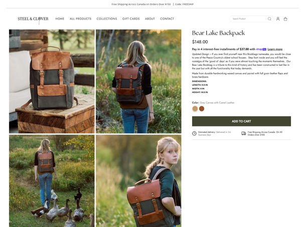 Steel & Clover product page for the Bear Lake Backpack