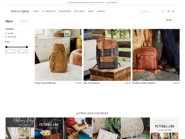 Steel & Clover collection page displaying a grid of leather bags, including the Niobe Creek Saddle Bag, Bear Lake Backpack, and Goodfare Leather Backpack