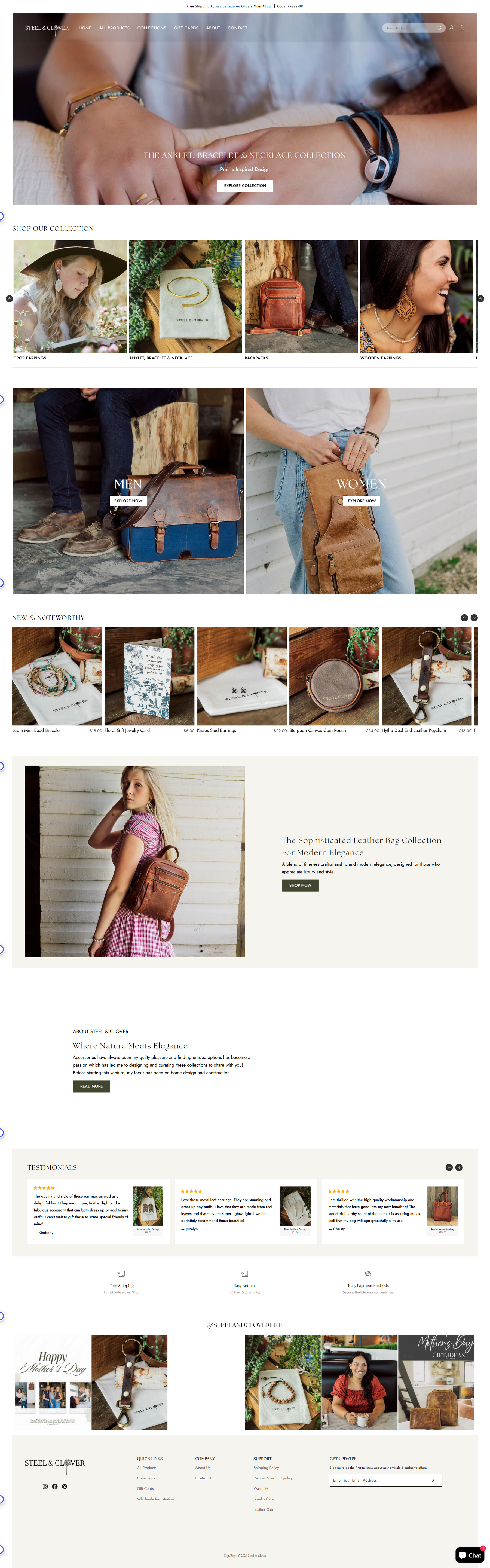 Full homepage desktop scrolling showcase for Steel & Clover Shopify custom theme design by Ambiw.