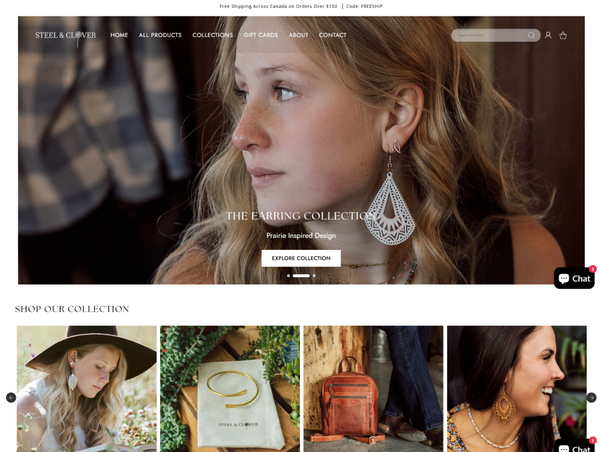 Steel & Clover website Earring Collection Page hero banner featuring a model wearing white, laser-cut geometric earrings