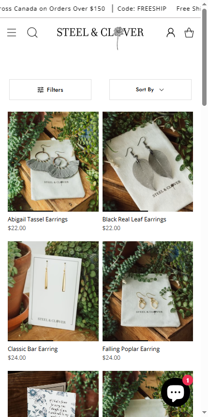 Steel & Clover mobile collection page displaying a grid of various earring styles