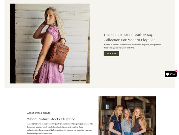 Steel & Clover promotional section featuring a model with a leather backpack