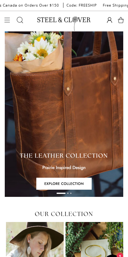 Steel & Clover website homepage banner showcasing a brown leather tote filled with wildflowers