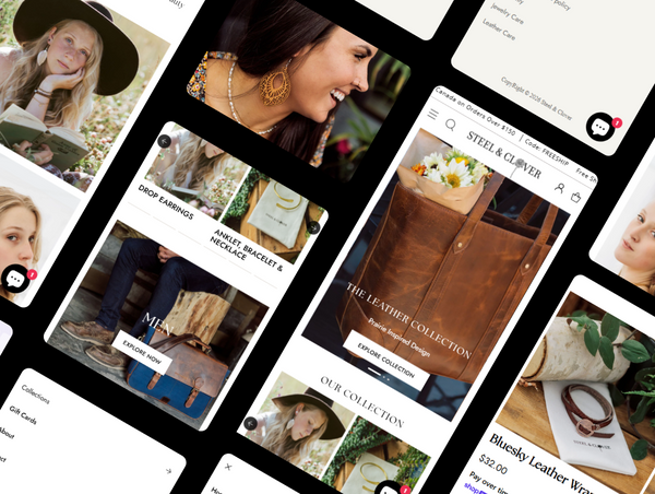 A collage of various Steel & Clover mobile website screens, showcasing product categories