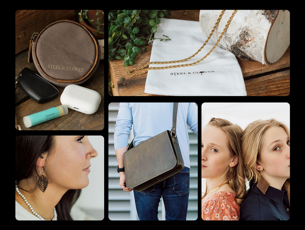 Collage of Steel & Flower products including a round pouch, handbag, and jewelry.