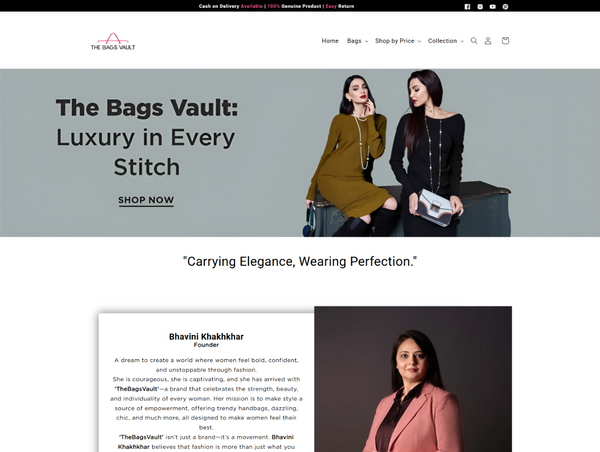 Desktop About Us page for The Bags Vault followed by a spotlight introduction on founder Bhavini Khakhkhar