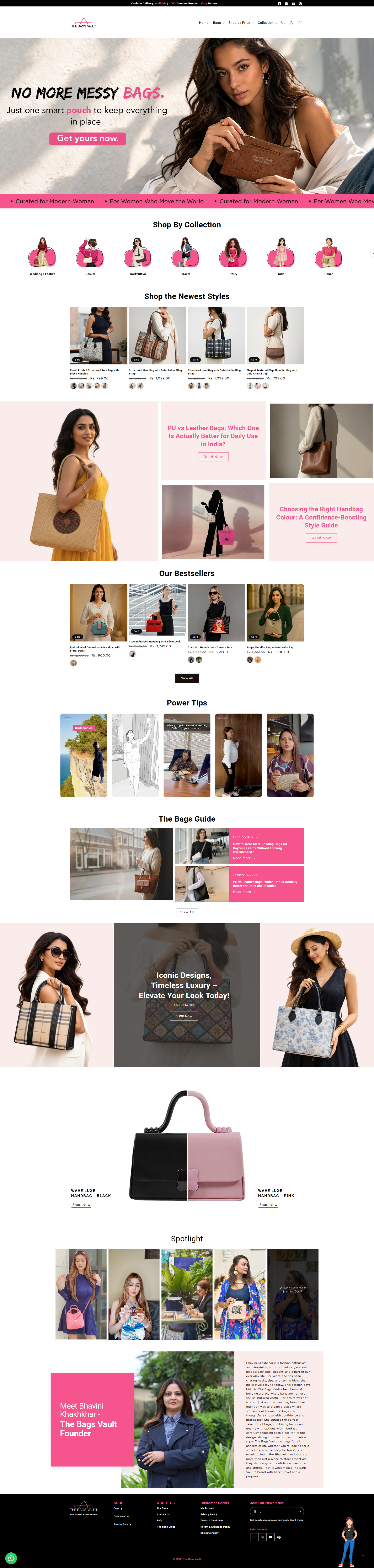 Full homepage desktop scrolling showcase for The Bag's Vault Shopify custom theme design by Ambiw.