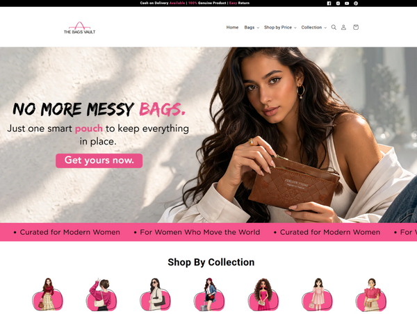 Desktop banner for The Bags Vault showcasing their "No More Messy Bags" promotional campaign