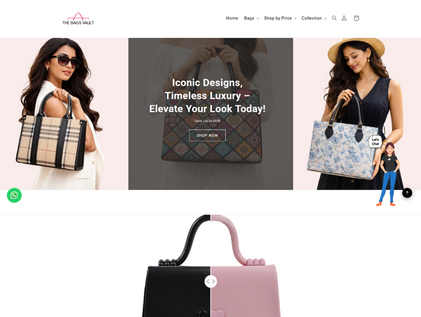 Desktop banner section for The Bags Vault featuring the headline "Iconic Designs, Timeless Luxury"