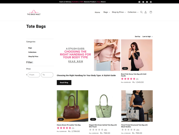 Desktop collection page for The Bags Vault's "Tote Bags,"