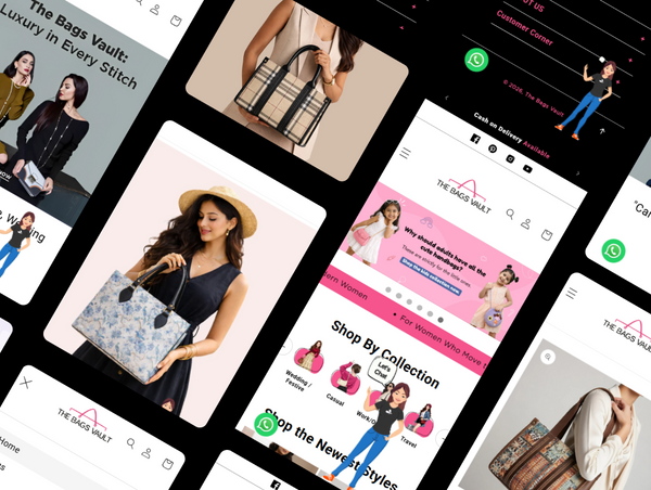 Collage of smartphone screens displaying a fashion app with product images and user interface.