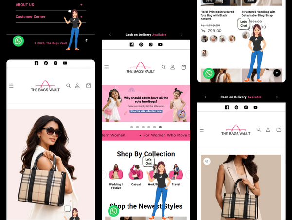 Collage of 'The Bags Vault' website pages with product images and promotional content.