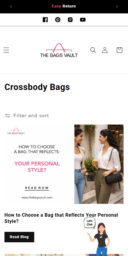 Mobile page for The Bags Vault's "Crossbody Bags" collection, featuring a "How to Choose a Bag that Reflects Your Personal Style"