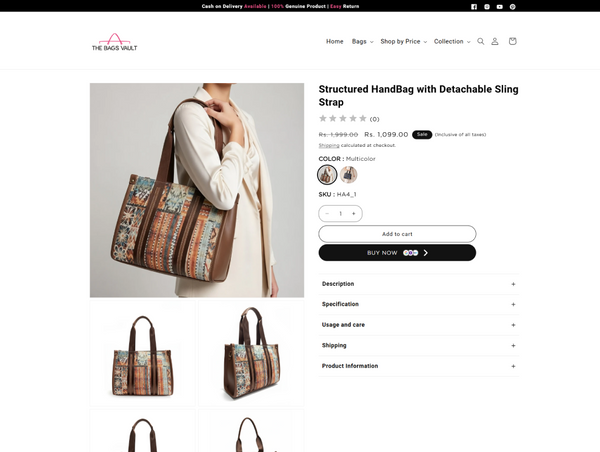 Desktop product page for The Bags Vault's "Structured HandBag with Detachable Sling Strap,"
