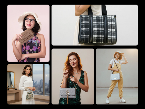 A chic, multi-panel style collage for The Bags Vault showcasing a variety of fashionable handbags