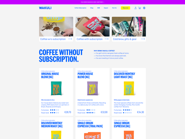 A desktop view screenshot of the Wakuli "Coffee Without Subscription" collection page, showcasing a grid of various coffee blend options.