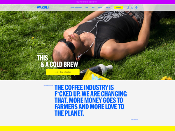 A desktop view screenshot of the  sections of the Wakuli homepage, displaying a sunny outdoor hero banner of a man resting on vibrant green grass.