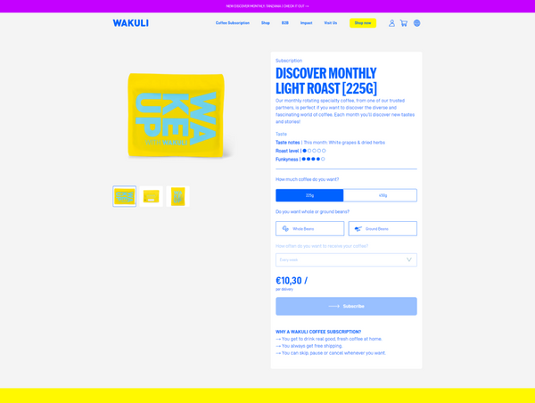 A desktop view screenshot of the Wakuli product page for the Discover Monthly Light Roast coffee, featuring a bright yellow product pouch.