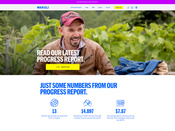 A desktop view screenshot of the middle sections of the Wakuli website, displaying a progress report banner.