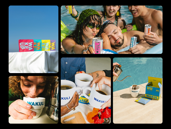 A collage of lifestyle and product images, featuring colorful coffee pouches against a blue sky, friends celebrating with canned cold brew in a pool.