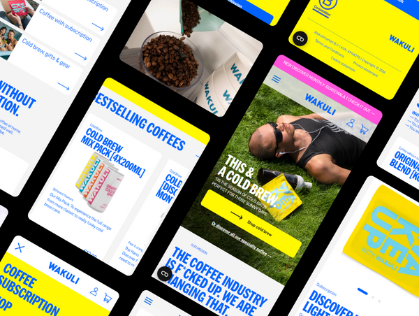 A dynamic, isometric grid collage displaying various mobile user interface screens from the Wakuli web store by Ambiw.