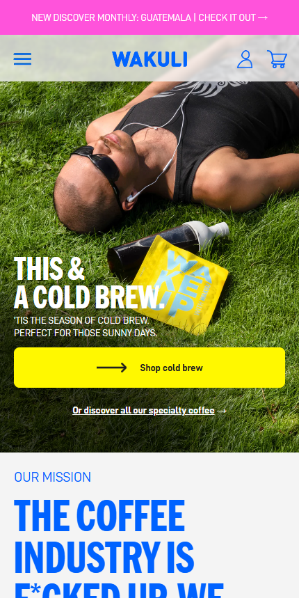 A mobile screen preview testing the responsive layout of the Wakuli homepage, featuring a sunny outdoor hero banner of a man relaxing on green grass.