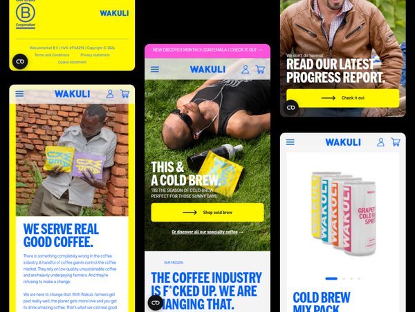 A collection of mobile screen previews showcasing the responsive layout, product features, and interface design of the Wakuli online store by Ambiw.