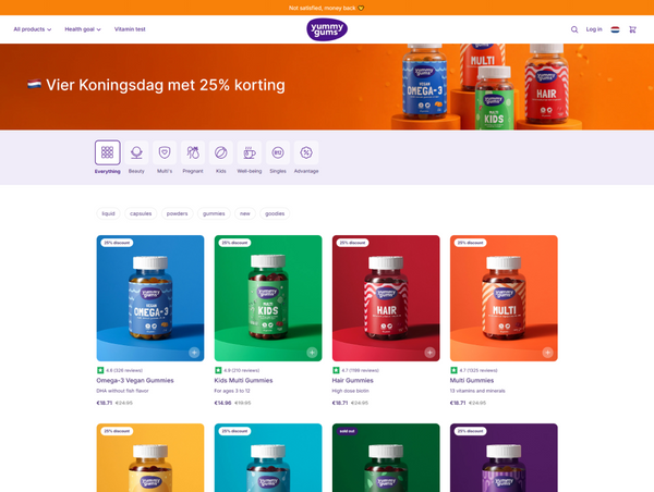 Yummy Gummy product page with various product images on a colorful background