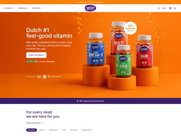 A desktop view screenshot of the Yummygums homepage featuring a bright orange King's Day promotional hero banner