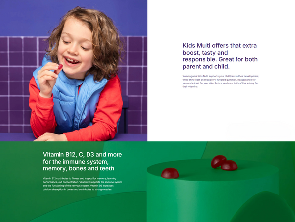 A desktop view split screenshot for Yummygums showcasing product benefits for children