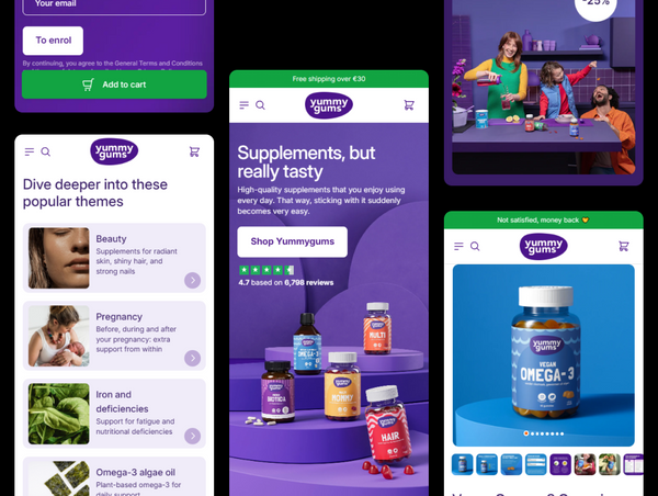 Collage of Yummy Gums supplement products and website on a smartphone screen.
