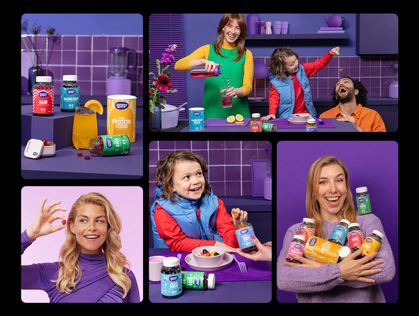 Collage of people in a kitchen setting with various products of yummygums