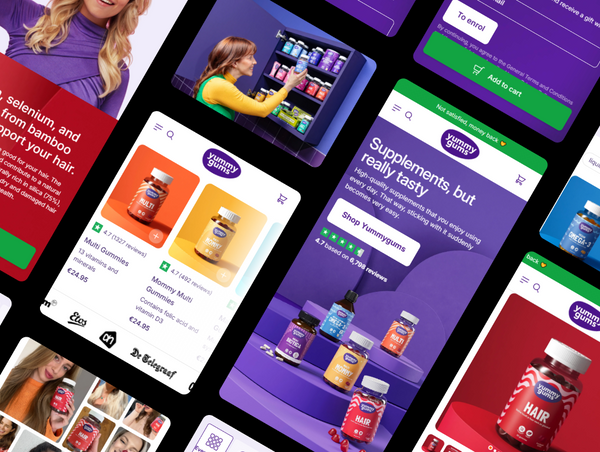 A creative mobile UI collage for Yummygums showcasing multiple mobile screen layouts—including the homepage hero section