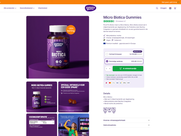 A desktop screen preview of the Yummygums Micro Biotica Gummies product page