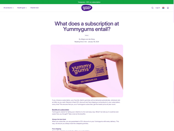 A desktop view screenshot of an informational webpage titled "What does a subscription at Yummygums entail?"
